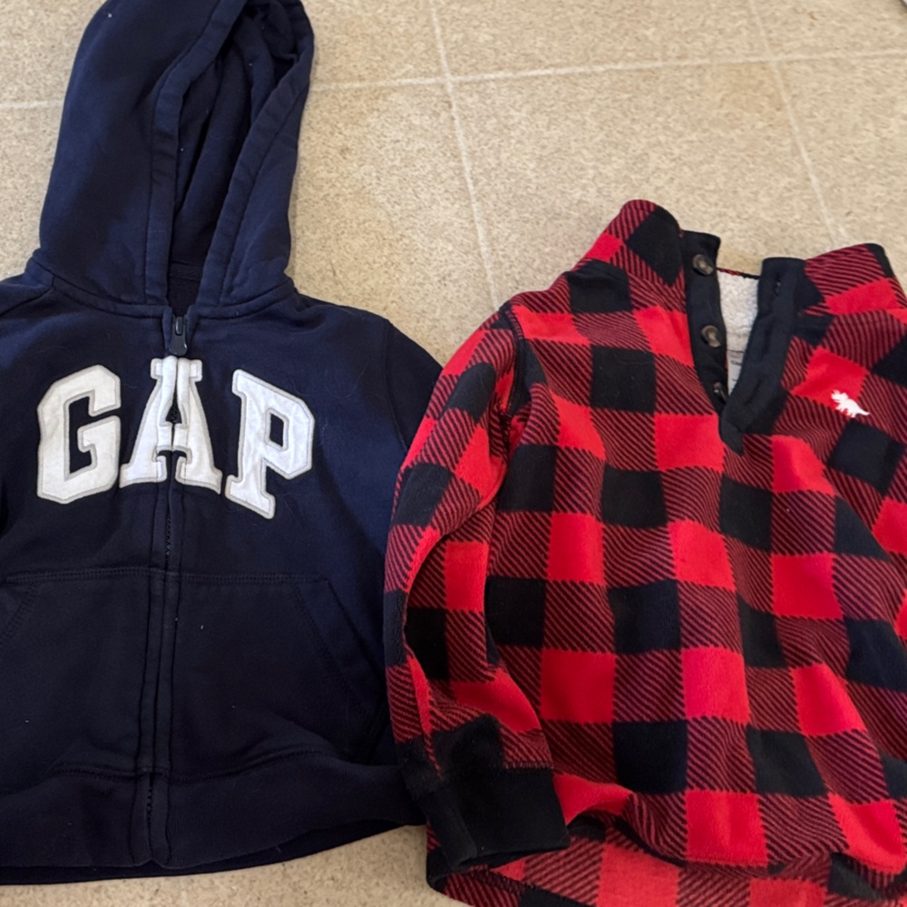 GAP Red and Black Checkered Vest with Navy Hoodie